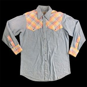 Vintage 70s 80s Lee Western Made in USA Chambray Pearl Snap VTG Shirt Size Large